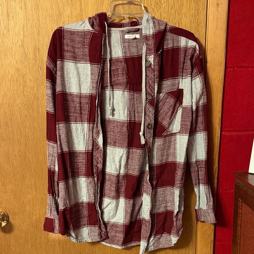 Maurices Maroon and Light Gray Checkered Button-Down Shirt